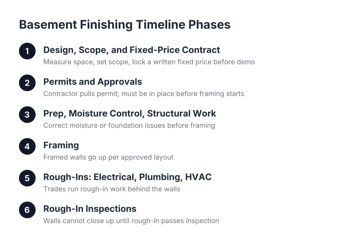 Diagram of basement finishing timeline phases from design to final inspection