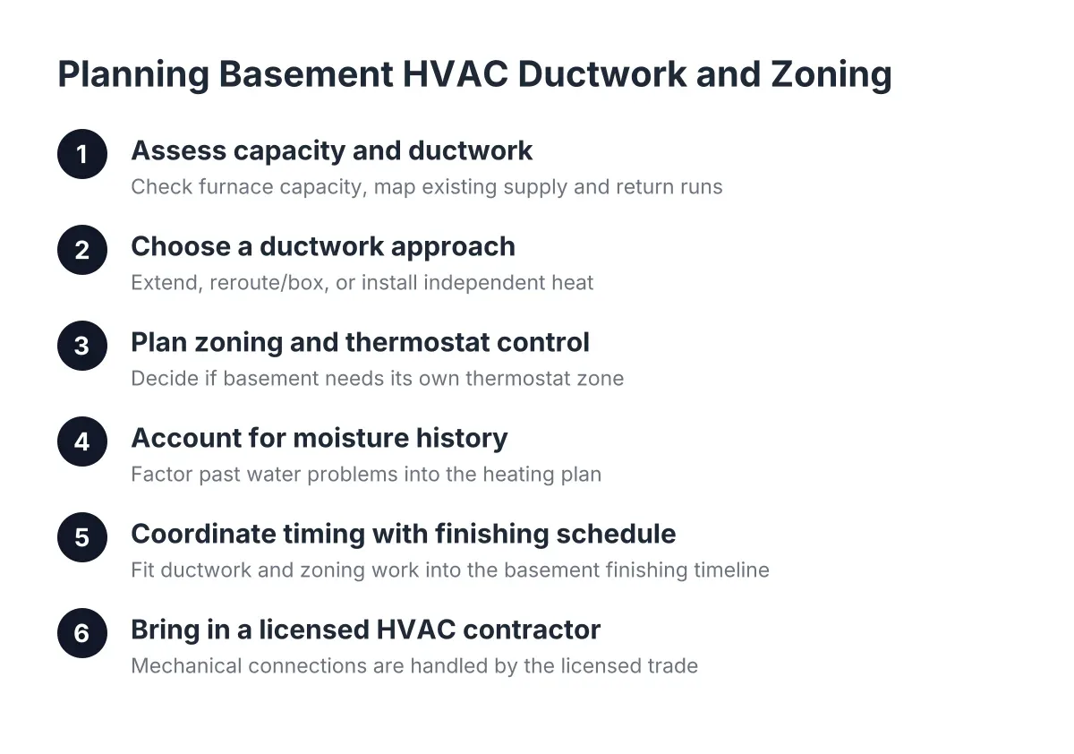 Steps for planning basement HVAC ductwork zoning during a basement finishing project