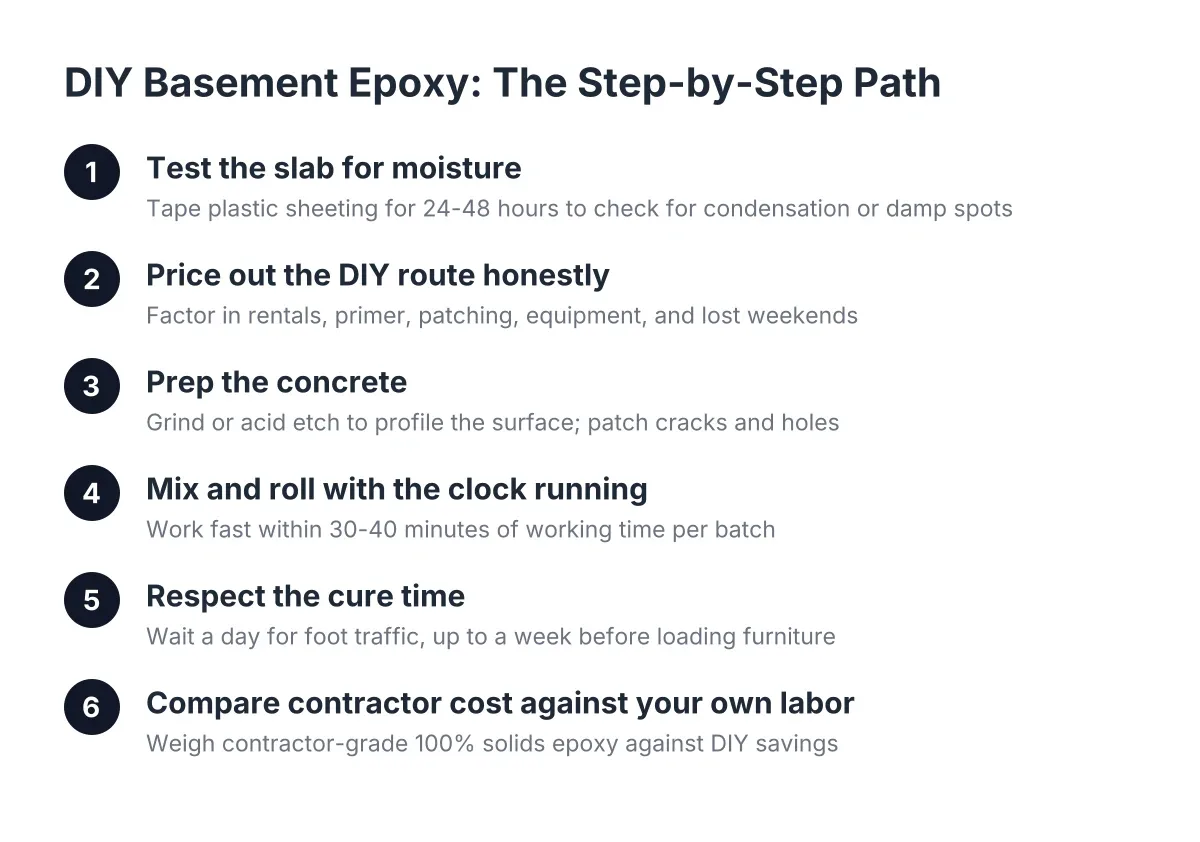 Numbered steps for installing basement flooring epoxy, from moisture testing to cure time
