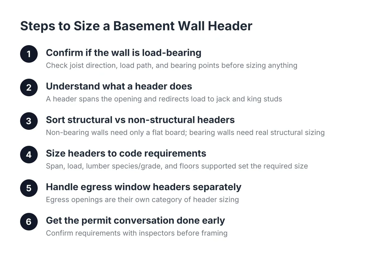 Diagram of steps for basement wall header sizing in a home remodel