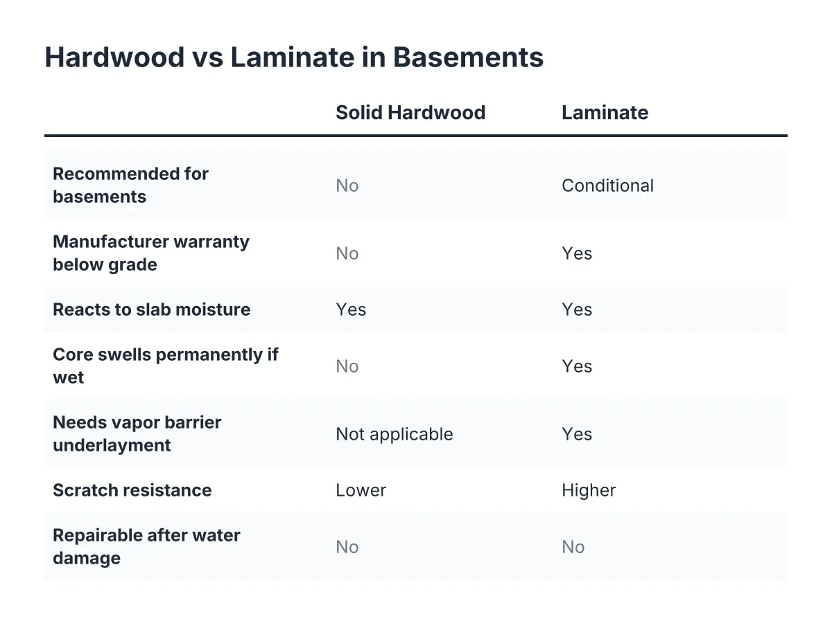 Comparison checklist of hardwood vs laminate basement flooring moisture and durability traits
