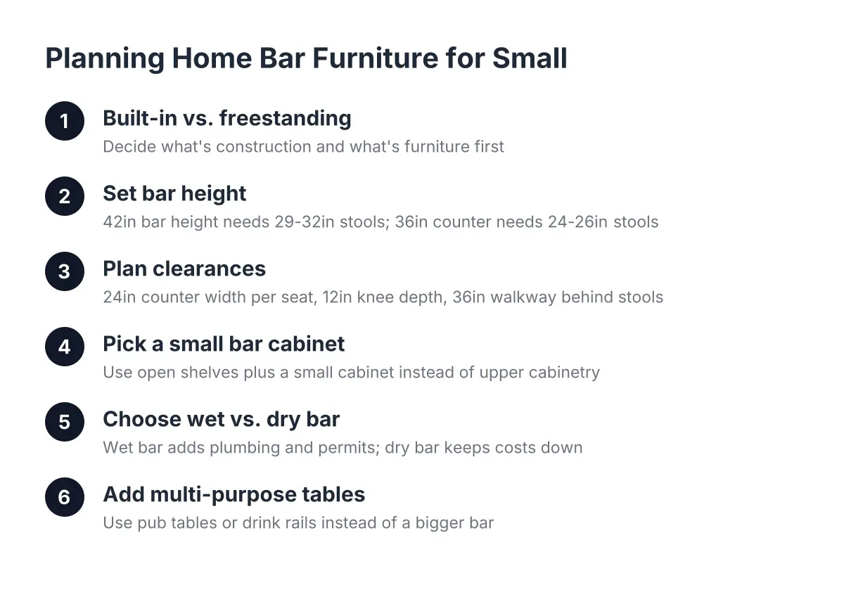 Step sequence for choosing home bar furniture and layout in a small basement