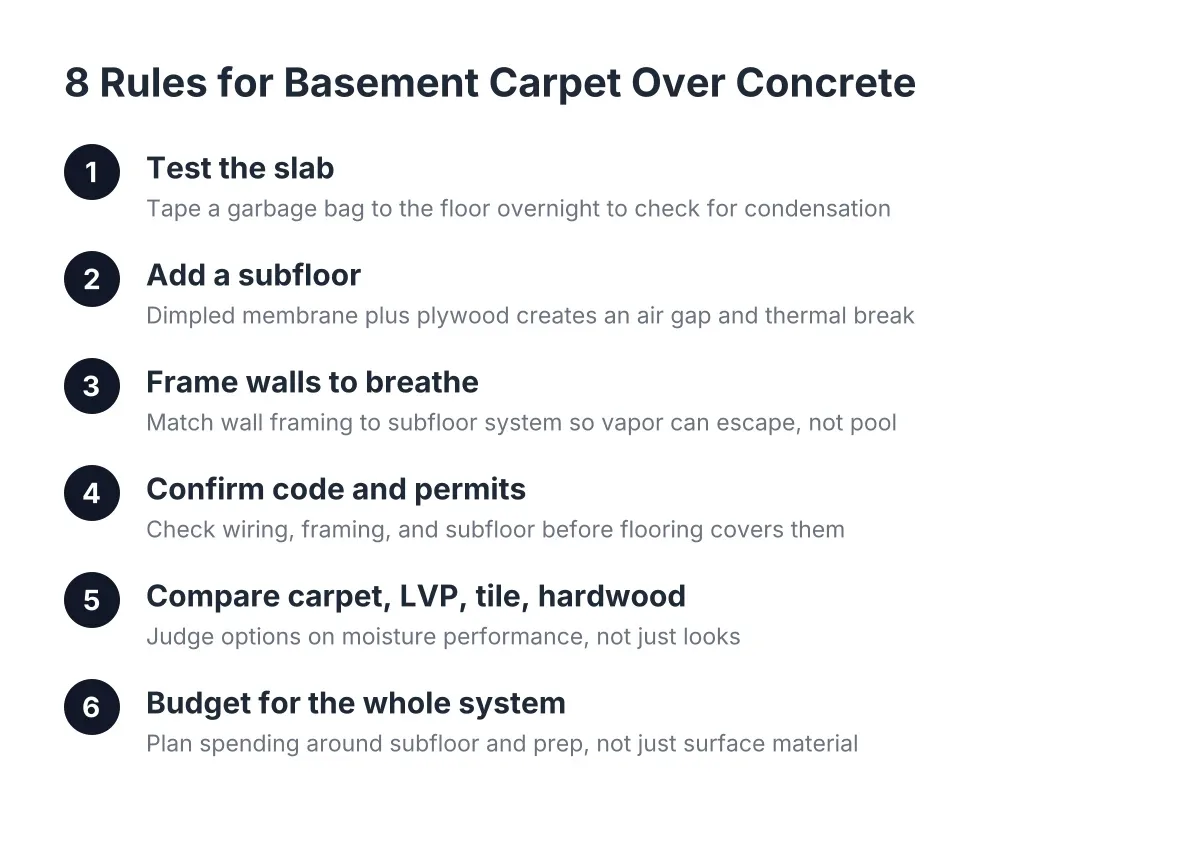 Process steps for basement carpet ideas over a concrete slab in St. Louis