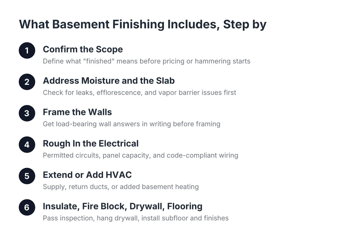 Eight-step process diagram showing what basement finishing includes from scope to fixtures