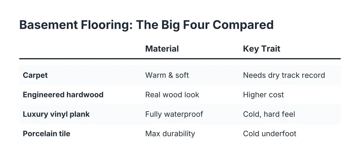 Comparison chart of basement floor ideas: carpet, hardwood, LVP, and tile traits