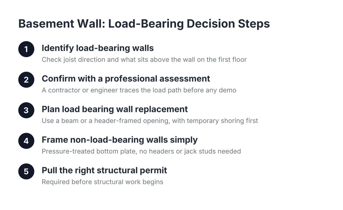 Steps for identifying and planning load bearing wall replacement in a basement