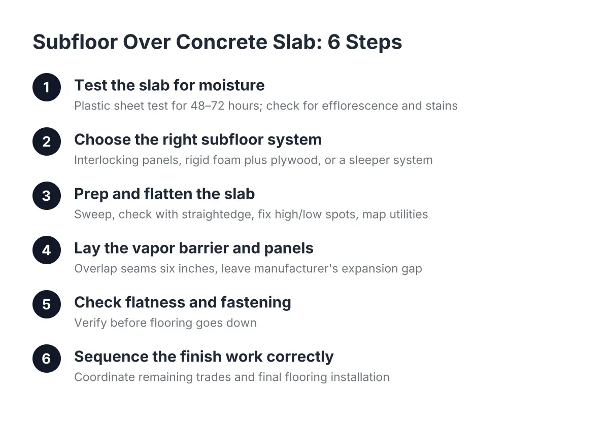 Six-step process diagram for subfloor installation over a concrete slab
