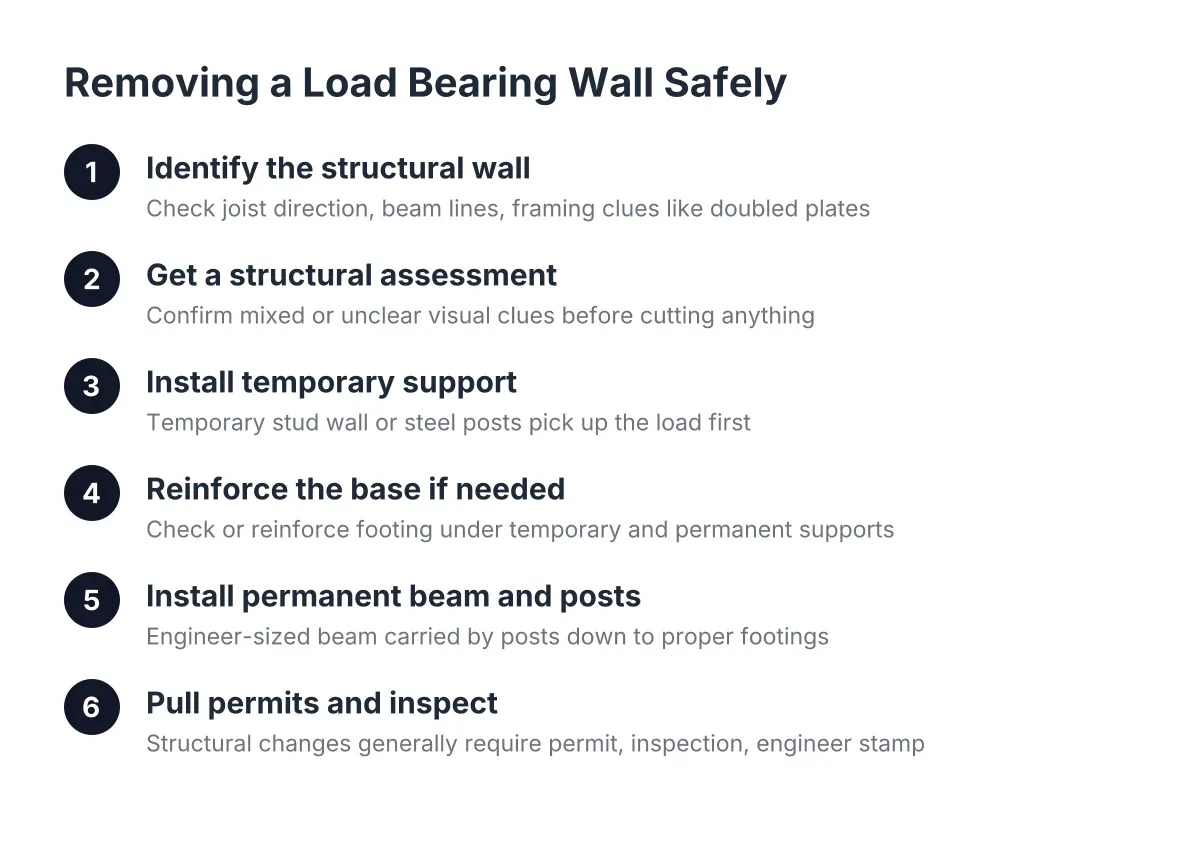 Step sequence for safely removing a load bearing wall in a basement
