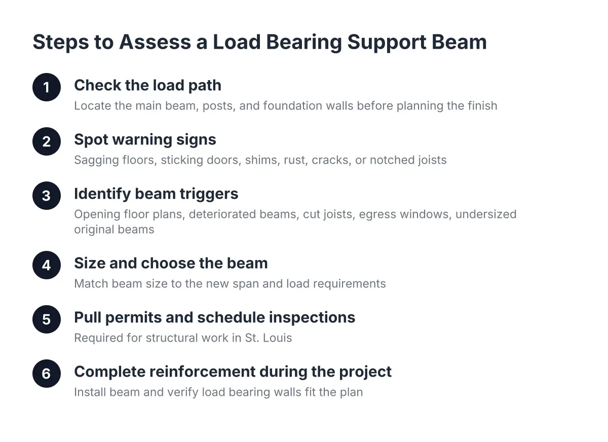Process diagram showing steps to evaluate and install a load bearing support beam in a basement