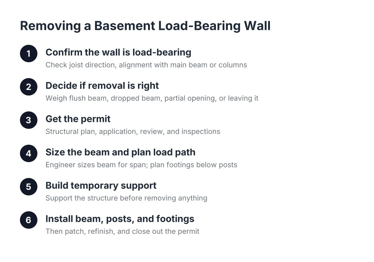 Process steps for removing basement load bearing walls in a finished basement